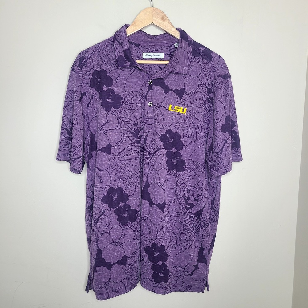 LSU Tommy Bahama Polo Shirt Mens XL Purple Floral Gold Tigers AOP Short Sleeve